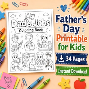 お父さんの仕事ぬりえ、父の日ぬりえページ（子供向け）、お父さんの職業プリントPDF、教室アクティビティ、即時ダウンロード