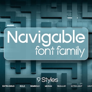 Könnte beinhalten: Eine türkisfarbene Grafik mit den Worten "Navigable font family" in Weiß. Darunter eine Liste von neun Schriftarten, darunter Black, Extra Bold, Bold und Thin. Der Hintergrund hat ein geometrisches Muster.
