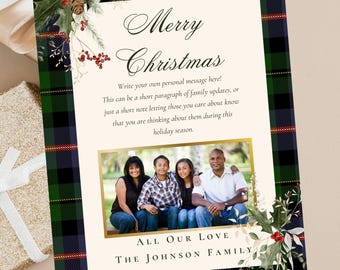 Christmas Message Card Editable | Navy Plaid Holiday Photo Card | Printable & Instant Download