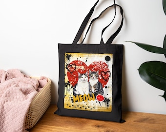 Graffiti Cat Hearts Tote Bag | Meow Street Art Canvas Tote