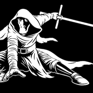Könnte beinhalten: Schwarz-Weiß-Illustration einer Figur in Kapuzenkleidung, die ein Lichtschwert schwingt. Die Figur befindet sich in einer geduckten Position, das Lichtschwert ist ausgestreckt. Das Design ist eine stilisierte, grafische Darstellung.