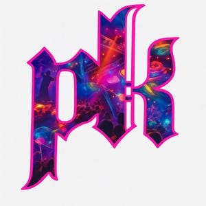 Puede incluir: Un logotipo estilizado en fuente gótica, con las letras "PK" en un contorno rosa brillante. El interior de las letras muestra un diseño abstracto colorido con luces de concierto y una multitud, sobre un fondo blanco.