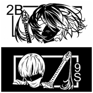 May include: A black and white graphic design featuring two rectangular frames. The top frame shows the character 2B with flowing hair and a sword. The bottom frame shows the character 9S with short hair and a sword, with the text 9S visible.