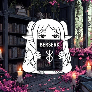 May include: A white line art illustration of an elf character with twin tails holding a book titled BERSERK with a brand symbol on the cover. The character is positioned in front of a dark library background with bookshelves, lit candles, and pink flowers.