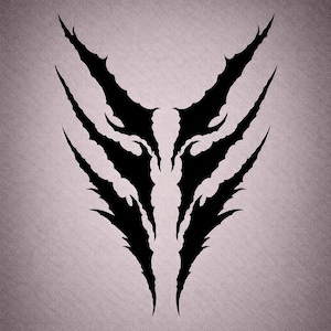 May include: A black, stylized graphic design featuring a symmetrical, jagged pattern resembling a mask or face. The design has sharp, pointed edges and is set against a textured, light purple background. The artwork evokes a sense of mystery and fantasy.
