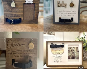 Memorial Dog Cat Frame Collar and Tag Display Sign with Quote Tile Wooden Laser Engraved