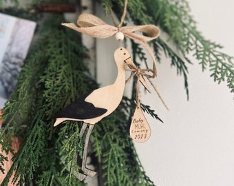 ORIGINAL CUSTOM Ornament Stork Single Twins Personalizable Expecting Baby Coming Soon Natural Neutral Girl Boy Surprise Gender Wooden
