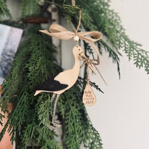 ORIGINAL CUSTOM Ornament Stork Single Twins Personalizable Expecting Baby Coming Soon Natural Neutral Girl Boy Surprise Gender Wooden