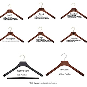 May include: A collection of wooden clothes hangers featuring various engraving styles including Serif, Block, Block Bold, Monogram, Script, and Custom options. The hangers are shown in espresso and brown finishes, with some including a pant bar.