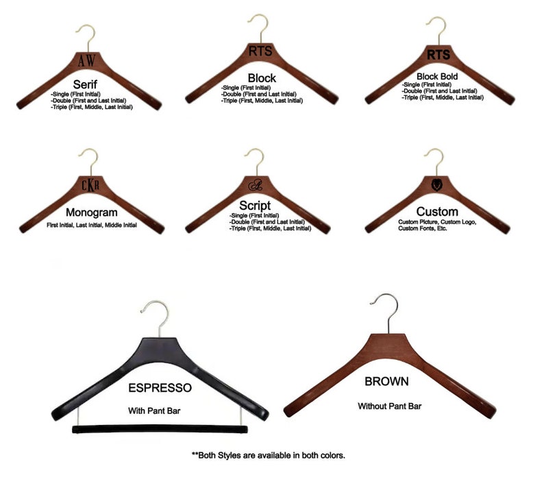 May include: A collection of wooden clothes hangers featuring various engraving styles including Serif, Block, Block Bold, Monogram, Script, and Custom options. The hangers are shown in espresso and brown finishes, with some including a pant bar.