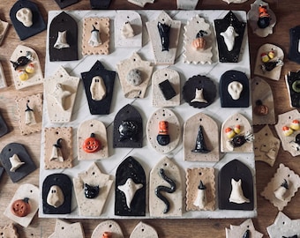 Ceramic Halloween Mini Tiles: Witch, Cauldron, Ghost, Pumpkin