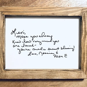 Écriture manuscrite gravée au laser dans un cadre en bois, lettre commémorative d'un proche, mini plaque d'amour Fête des Mères