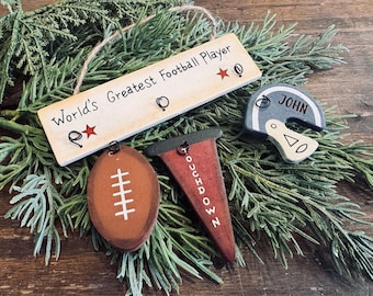 Personalized Football Ornament Holder, Wooden Laser Engraved Team Gift