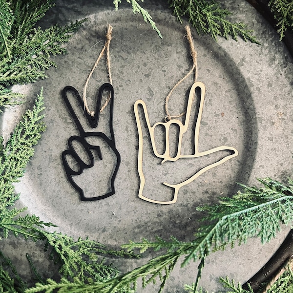 Sign Language Ornament Laser Cut Out I Love You Peace Symbols Deaf Christmas Decor Natural Simple