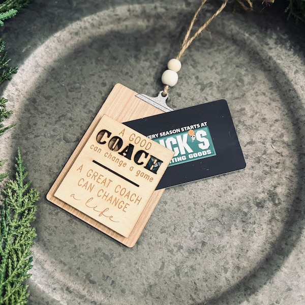 Personalized Coach Gift Card Ornament: Laser Engraved Wooden Clipboard