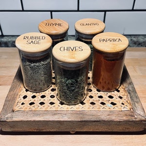 Laser Engraved Glass Spice Jars with Wooden Lid: Farmhouse Kitchen Storage