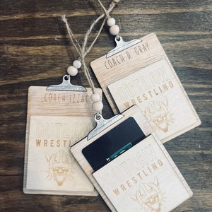 Portatarjetas de regalo con logotipo de Coach, adorno de agradecimiento, fin de temporada, de madera, grabado con láser, personalizado, hecho a pedido