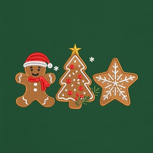 May include: An embroidered design featuring a gingerbread man wearing a Santa hat and scarf, a Christmas tree with red ornaments, and a star-shaped cookie with snowflake details. All are outlined in white on a green background.