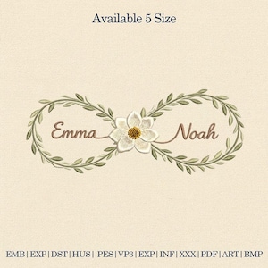 Custom Infinity Name Embroidery Design Floral Wreath, Couple Names Personalized Embroidery File, Wedding Anniversary Gift Minimal Leaf Frame