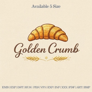 Op de afbeelding: Digitale illustratie van een gouden croissant boven de woorden "Golden Crumb" in bruine letters. De tekst "Available 5 Size" staat bovenaan. Bestandsformaat afkortingen staan eronder.