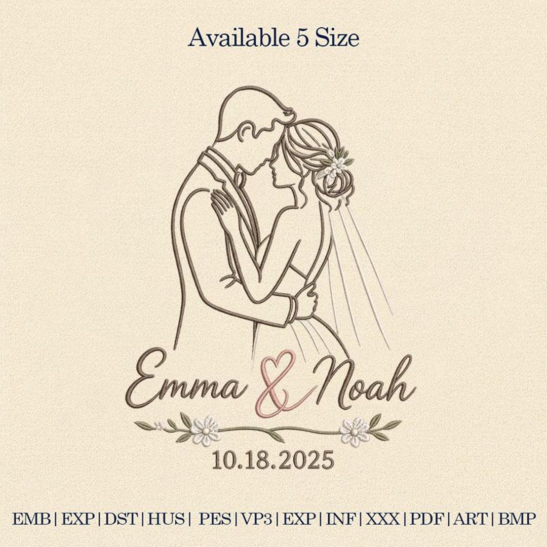 Custom Couple Embroidery Design Wedding Line Art, Bride Groom Portrait ...