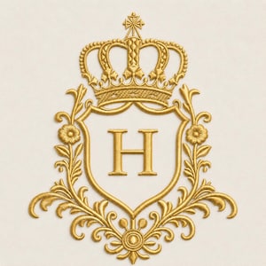 May include: A gold-colored embroidery design featuring a central letter H inside a shield. The shield is topped with a detailed crown and surrounded by symmetrical floral and scrollwork patterns, all rendered in a metallic gold thread finish.