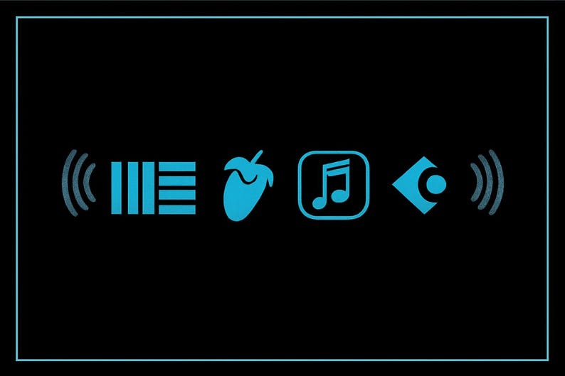 Puede incluir: Fondo negro con un borde azul claro y varios iconos azul claro. Los iconos incluyen ondas de sonido, una serie de l&iacute;neas verticales, una fresa estilizada, una nota musical en un cuadrado y un diamante con un c&iacute;rculo.