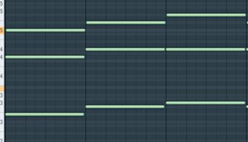 Puede incluir: Interfaz de producci&oacute;n musical digital con un fondo de cuadr&iacute;cula verde oscuro. L&iacute;neas horizontales de color verde claro est&aacute;n dispuestas en un patr&oacute;n escalonado, sugiriendo una secuencia musical o forma de onda. Las l&iacute;neas var&iacute;an en longitud y posici&oacute;n.