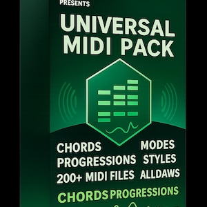 Puede incluir: Una caja verde con el texto "UNIVERSAL MIDI PACK" y las palabras "CHORDS, PROGRESSIONS, 200+ MIDI FILES" en blanco. La caja tambi&eacute;n presenta un gr&aacute;fico verde de l&iacute;neas horizontales dentro de un hex&aacute;gono.