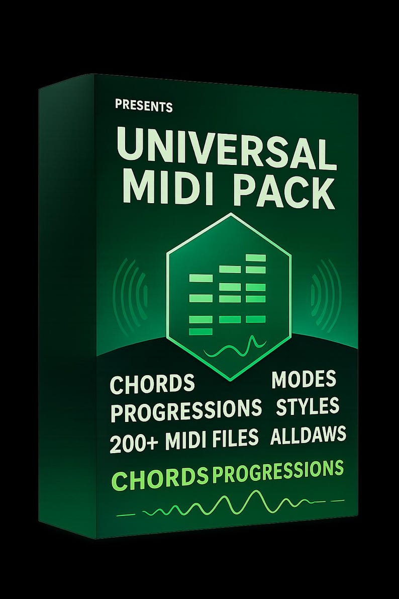Puede incluir: Una caja verde con el texto "UNIVERSAL MIDI PACK" y las palabras "CHORDS, PROGRESSIONS, 200+ MIDI FILES" en blanco. La caja tambi&eacute;n presenta un gr&aacute;fico verde de l&iacute;neas horizontales dentro de un hex&aacute;gono.