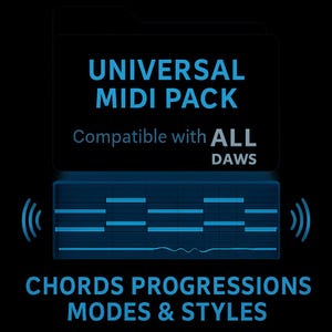 Puede incluir: Gr&aacute;fico digital con texto azul "UNIVERSAL MIDI PACK" y "Compatible with ALL DAWS". Debajo, un gr&aacute;fico azul de notas musicales y el texto "CHORDS PROGRESSIONS MODES & STYLES".