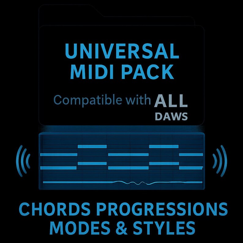 Puede incluir: Gr&aacute;fico digital con texto azul "UNIVERSAL MIDI PACK" y "Compatible with ALL DAWS". Debajo, un gr&aacute;fico azul de notas musicales y el texto "CHORDS PROGRESSIONS MODES & STYLES".