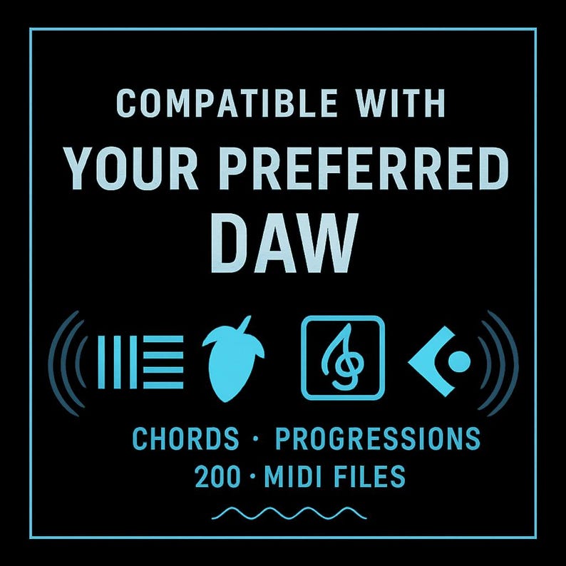 Puede incluir: Gr&aacute;fico cuadrado negro con texto e iconos en azul claro. El texto dice "COMPATIBLE CON TU DAW PREFERIDA". Debajo hay iconos y las palabras "ACORDES &bull; PROGRESIONES 200 &bull; ARCHIVOS MIDI".