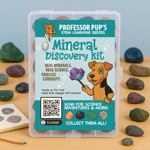 May include: A clear plastic container labelled "Professor Pup's Mineral Discovery Kit" filled with assorted colourful rocks. The kit features a cartoon dog illustration and text: "Real Minerals. Real Science. Endless Curiosity." Designed for children to learn.