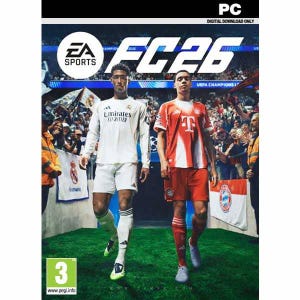 Può includere: Copertina del gioco per PC FC26 con due calciatori in divisa. Il logo EA Sports è in alto a sinistra. Il titolo del gioco è in grandi lettere bianche. Lo sfondo mostra una folla di tifosi.