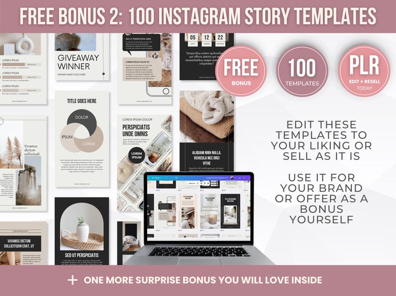 May include: A promotional graphic with the text "FREE BONUS 2: 100 INSTAGRAM STORY TEMPLATES." The image features a laptop displaying Instagram story templates, along with circular badges that read "FREE BONUS" and "100 TEMPLATES."