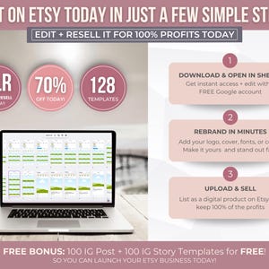 May include: Laptop displaying a digital product template, with text overlay: "List on Etsy Today." Pink circles with text: "PLR," "70% Off," and "128 Templates." Instructions: Download, Rebrand, Upload & Sell. Bonus: 100 IG Post + Story Templates.