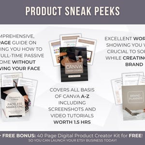 Pode incluir: Pr&eacute;-visualiza&ccedil;&atilde;o de produtos digitais, incluindo um guia de 95 p&aacute;ginas sobre rendimentos passivos, um curso intensivo de Canva e um caderno de exerc&iacute;cios para a cria&ccedil;&atilde;o de marca. Inclui um kit gratuito de cria&ccedil;&atilde;o de produtos digitais de 40 p&aacute;ginas.