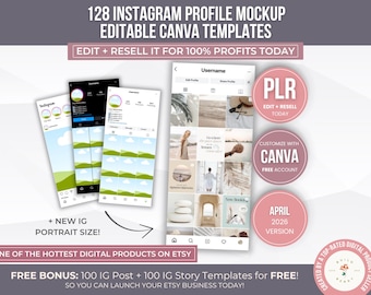 128 Instagram Profile Mockup Editable Canva Templates PLR, Social Media Mockup Kit, IG Grid Reels Posts Stories Resell Rights, IG Branding