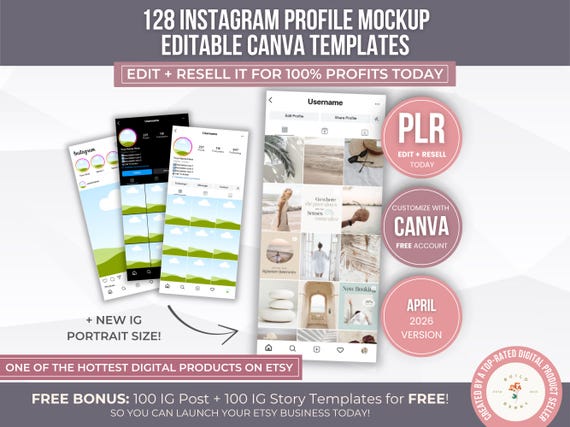 128 Instagram Profile Mockup Editable Canva Templates PLR, Social Media Mockup Kit, IG Grid Reels Posts Stories Resell Rights, IG Branding