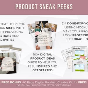 Pode incluir: Um an&uacute;ncio de recursos de produtos digitais. A imagem apresenta maquetes, guias e cadernos de exerc&iacute;cios. O texto inclui "Product Sneak Peeks", "Find Your Niche", "Digital Product Ideas" e "Etsy Listing Mockups".