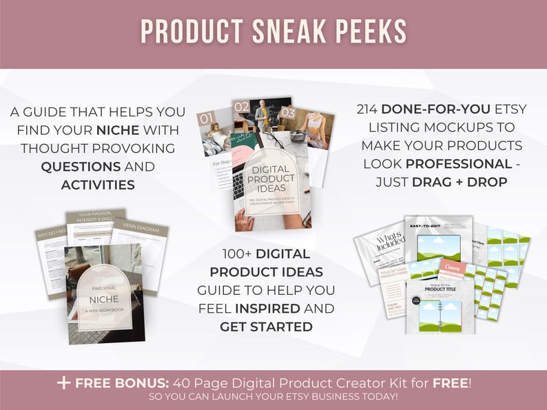 Pode incluir: Um an&uacute;ncio de recursos de produtos digitais. A imagem apresenta maquetes, guias e cadernos de exerc&iacute;cios. O texto inclui "Product Sneak Peeks", "Find Your Niche", "Digital Product Ideas" e "Etsy Listing Mockups".
