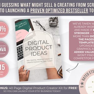 Pode incluir: Imagem promocional para ideias de produtos digitais. A imagem apresenta um laptop, &oacute;culos e um livro intitulado "Digital Product Ideas". O texto inclui "70% de desconto hoje", "Personalize com Canva" e "215 p&aacute;ginas no total".
