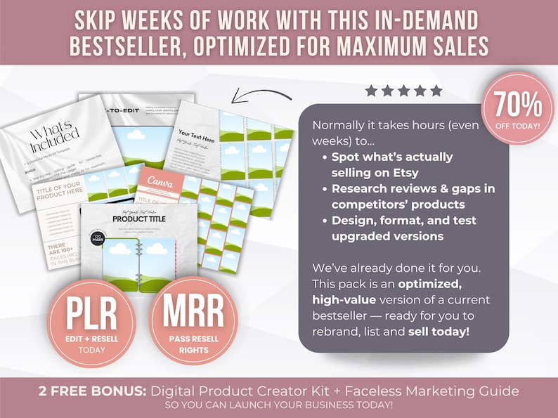 May include: Marketing materials bundle with the text "SKIP WEEKS OF WORK WITH THIS IN-DEMAND BESTSELLER, OPTIMIZED FOR MAXIMUM SALES." Includes documents labeled "What's Included," "To-Edit," and "Product Title." Features pink circles with "PLR" and "MRR" text, and a "70% OFF TODAY!" badge.