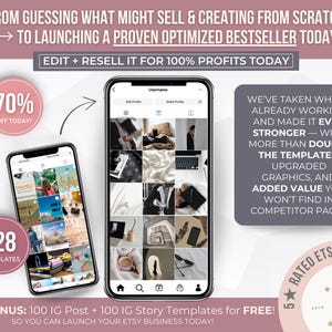 May include: Two smartphones displaying Instagram templates. One shows a grid of images, the other a close-up of a template. Text includes "70% OFF TODAY!", "128 TEMPLATES", and "EDIT + RESELL IT FOR 100% PROFITS TODAY".