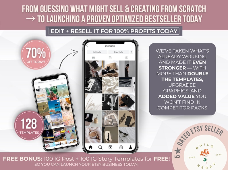 May include: Two smartphones displaying Instagram templates. One shows a grid of images, the other a close-up of a template. Text includes "70% OFF TODAY!", "128 TEMPLATES", and "EDIT + RESELL IT FOR 100% PROFITS TODAY".