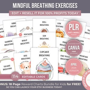 Mindfulness andningsövningskort för barn Canva mall PLR, utskrivbara andningskort för barn, lugn andning paket återförsäljning