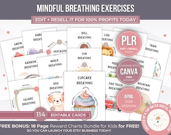 Mindfulness Breathing Exercise Cards for Kids Canva Template PLR, Printable Breathing Flashcards for Children, Calm Breathing Bundle Resell