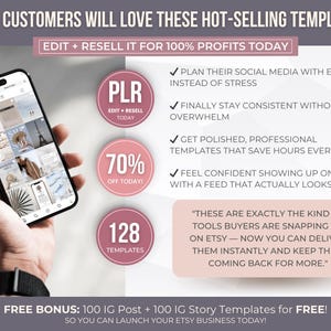 May include: A smartphone displays Instagram templates, with text reading "Your customers will love these hot-selling templates." Additional text includes "PLR," "70% off today," and "128 templates." The image promotes Etsy business templates.