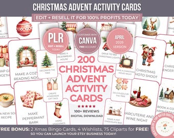 200 Christmas Advent Activity Cards PLR, Kids Advent Calendar Activity Bundle, Printable Holiday Activity Card Bundle for Kids and Couples